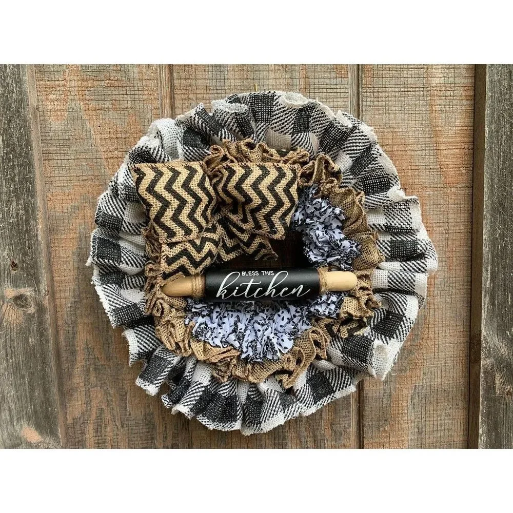 Bless this Kitchen Ruffled Plaid Burlap Mini 12.5
